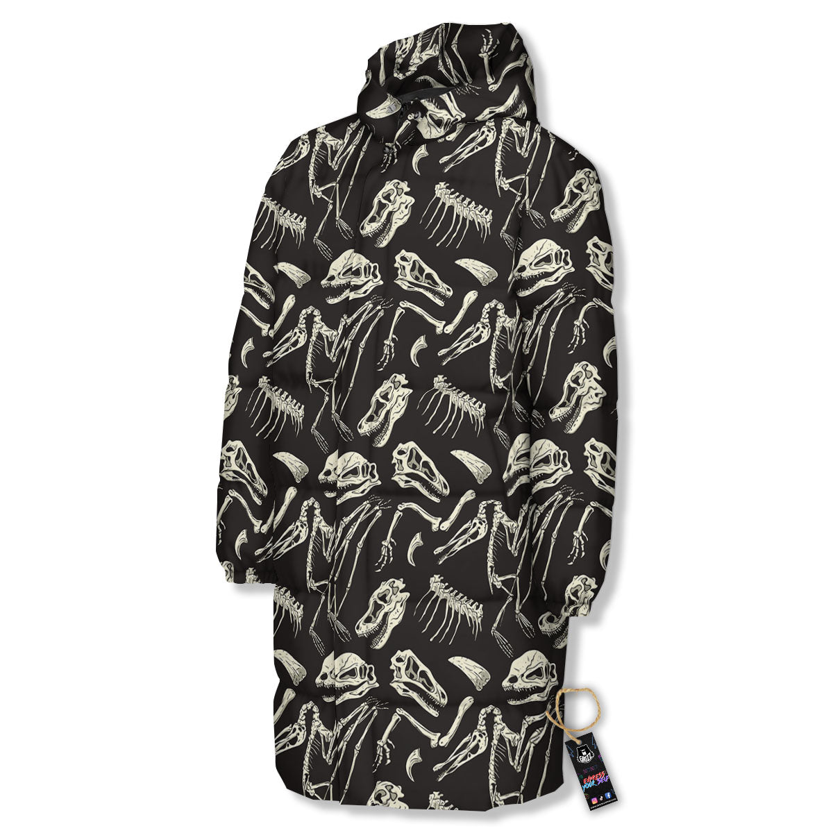 Fossil Dinosaur Monochrome Print Pattern Long Down Jacket-grizzshop