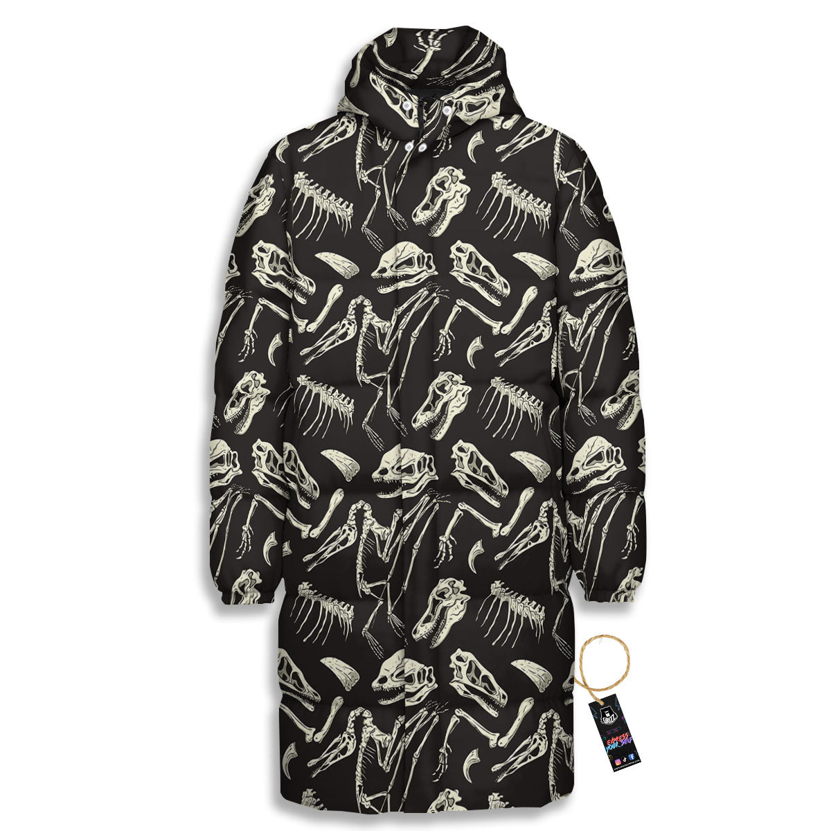Fossil Dinosaur Monochrome Print Pattern Long Down Jacket-grizzshop