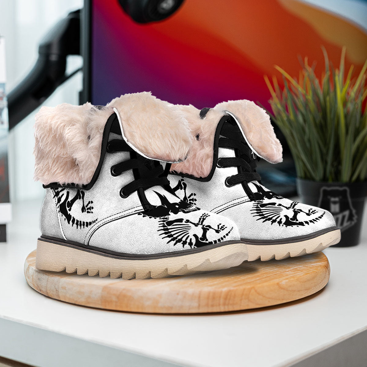Fossil Dinosaur Monochrome Print Snow Boots-grizzshop