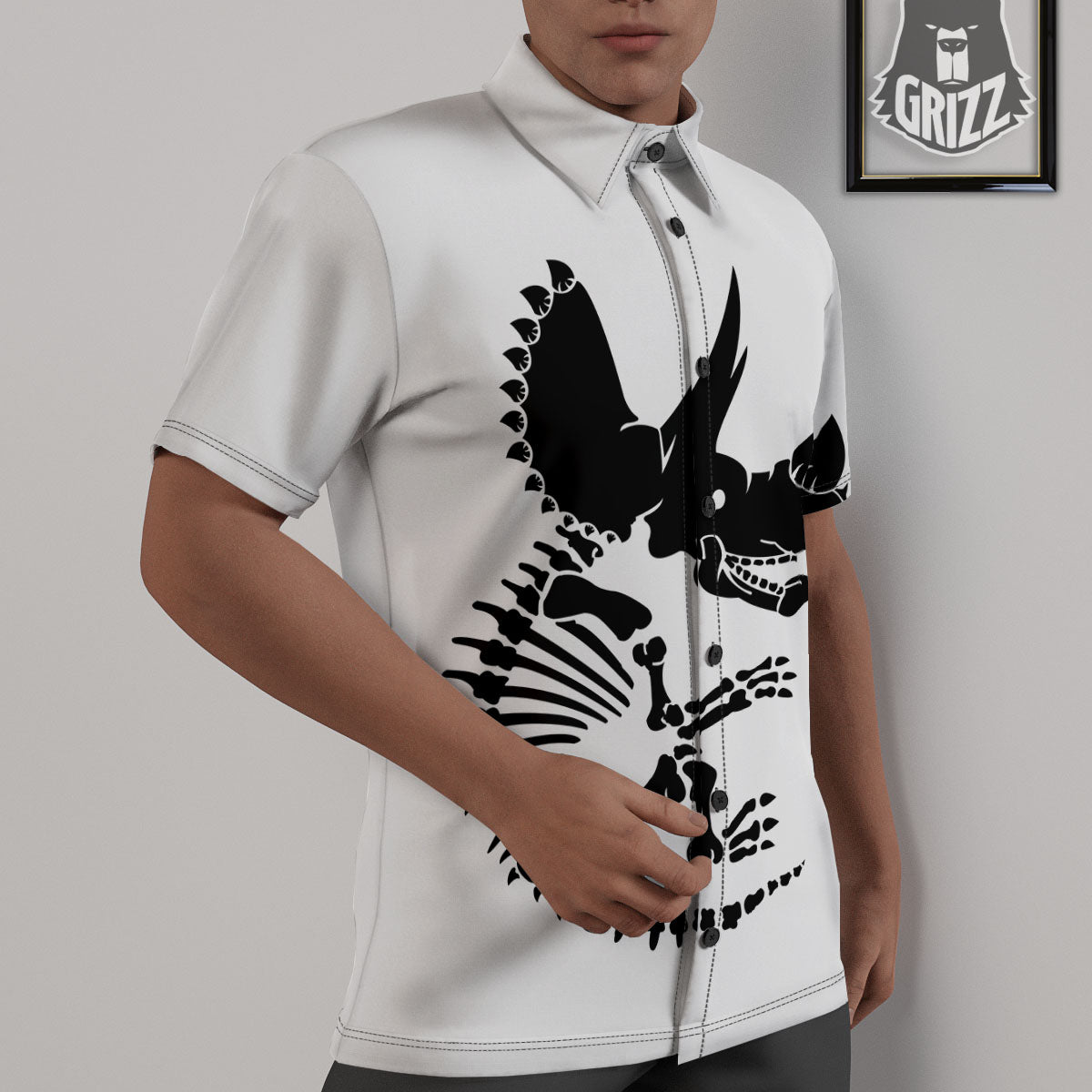 Fossil Dinosaur Monochrome Print Untucked Shirts-grizzshop
