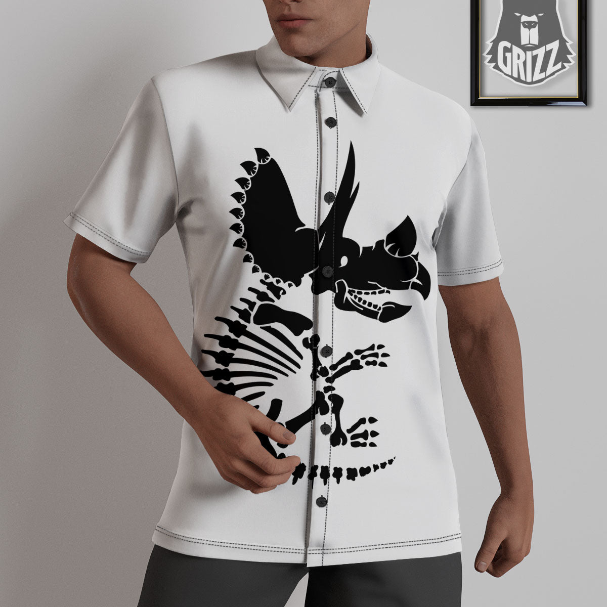 Fossil Dinosaur Monochrome Print Untucked Shirts-grizzshop