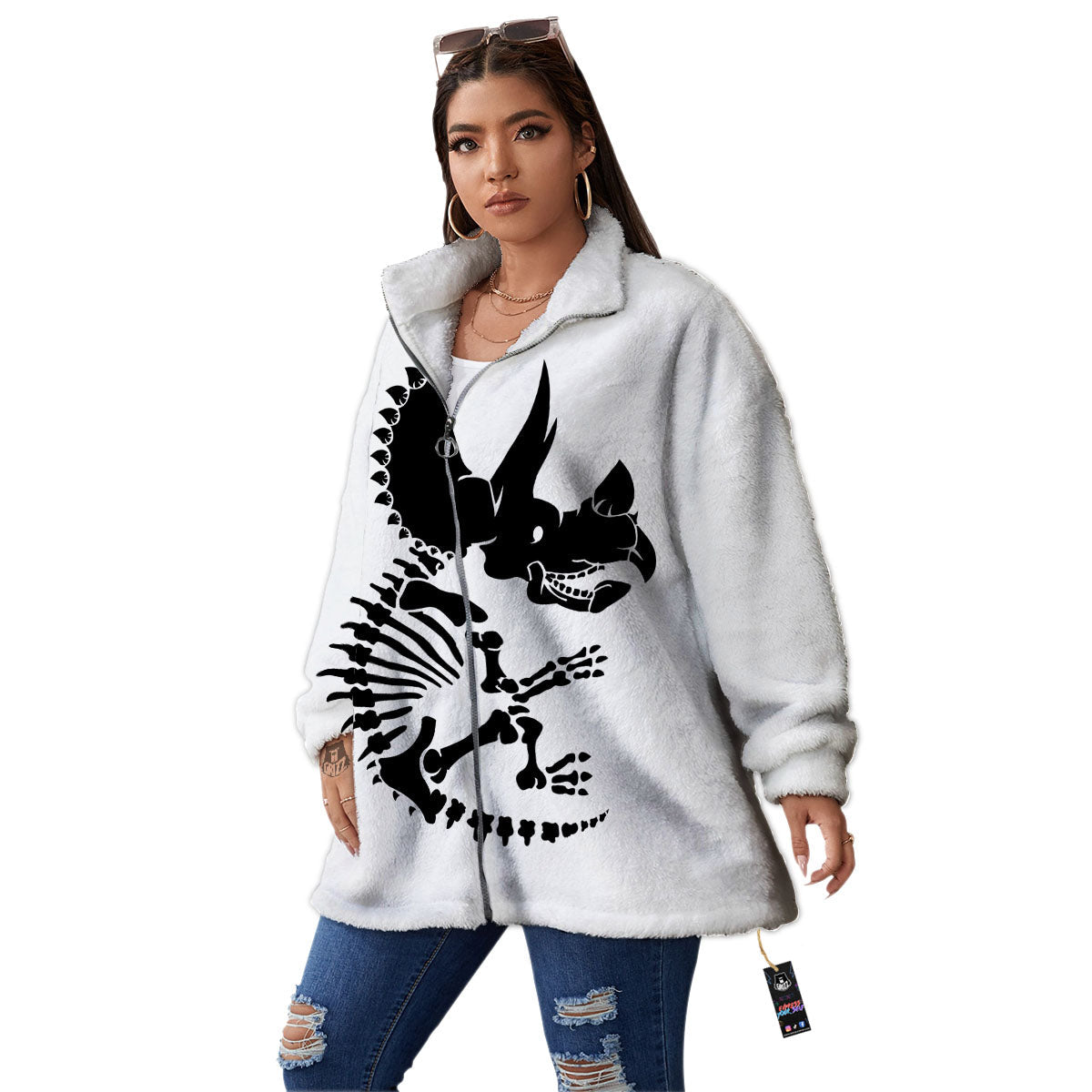Fossil Dinosaur Monochrome Print Women's Sherpa Jacket-grizzshop