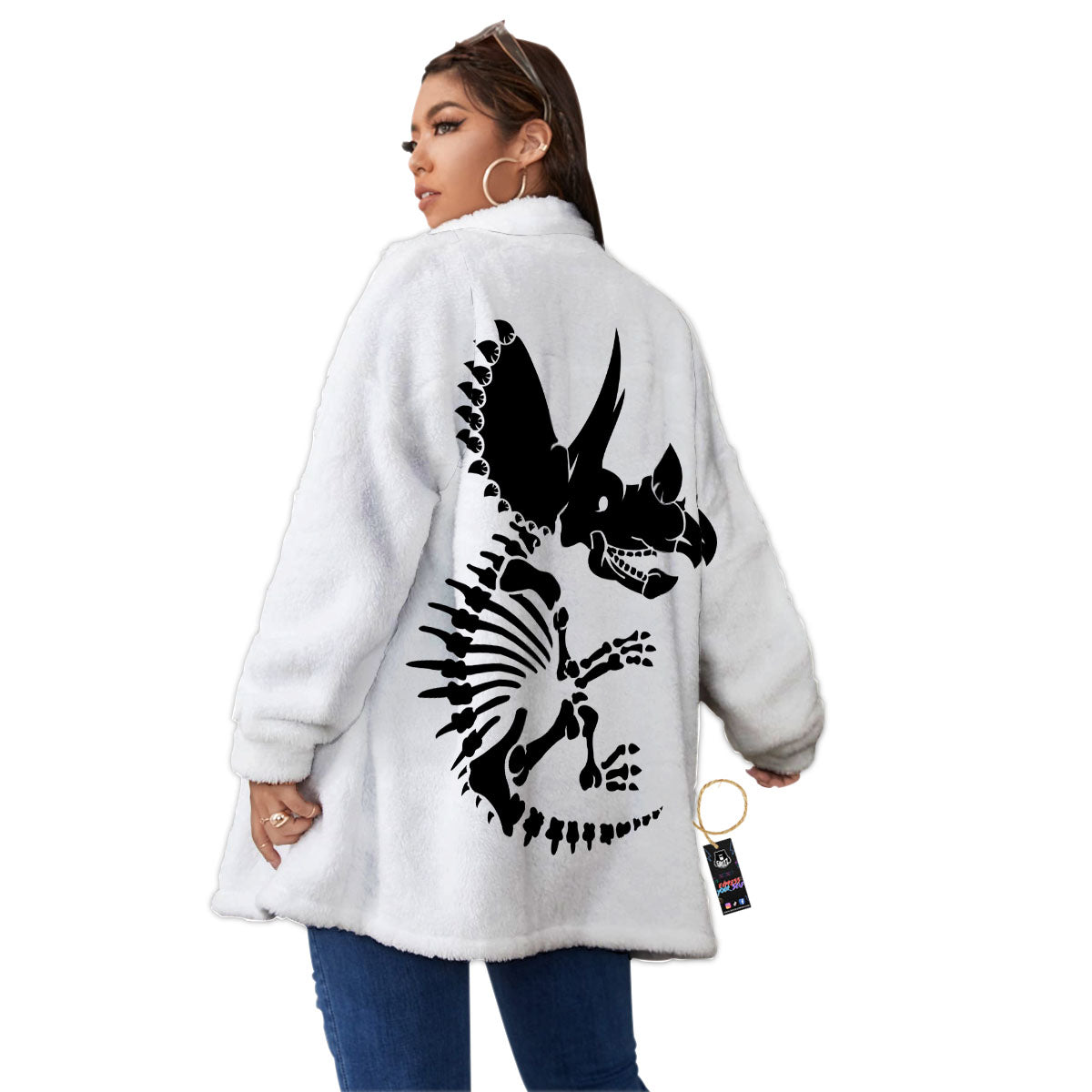 Fossil Dinosaur Monochrome Print Women's Sherpa Jacket-grizzshop
