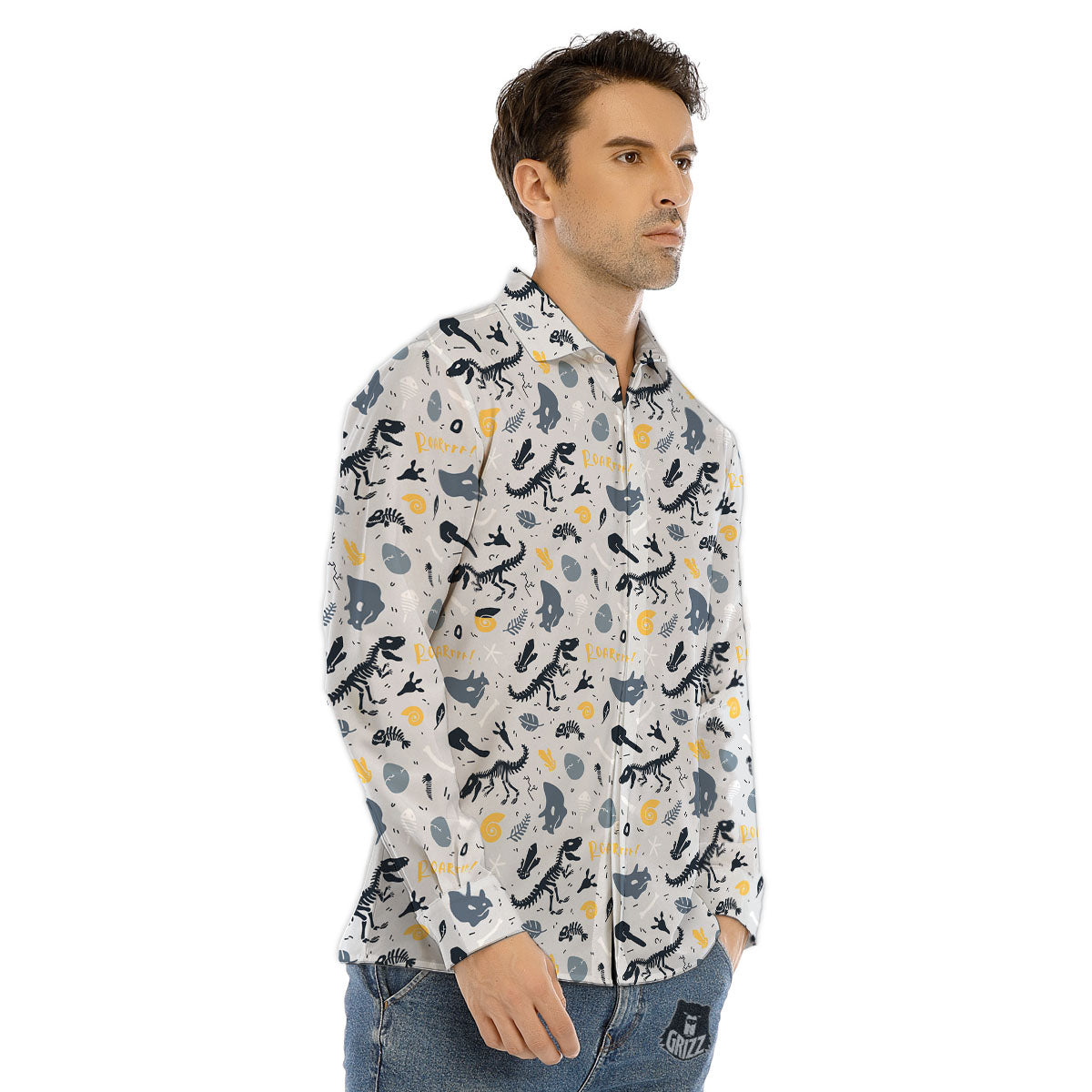 Fossil Dinosaur Print Pattern Men's Dress Shirts-grizzshop