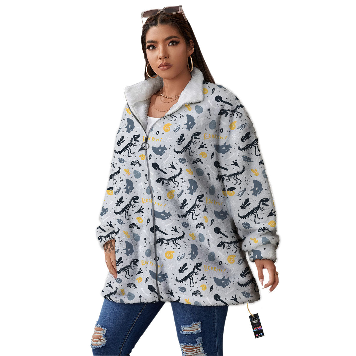 Fossil Dinosaur Print Pattern Women's Sherpa Jacket-grizzshop