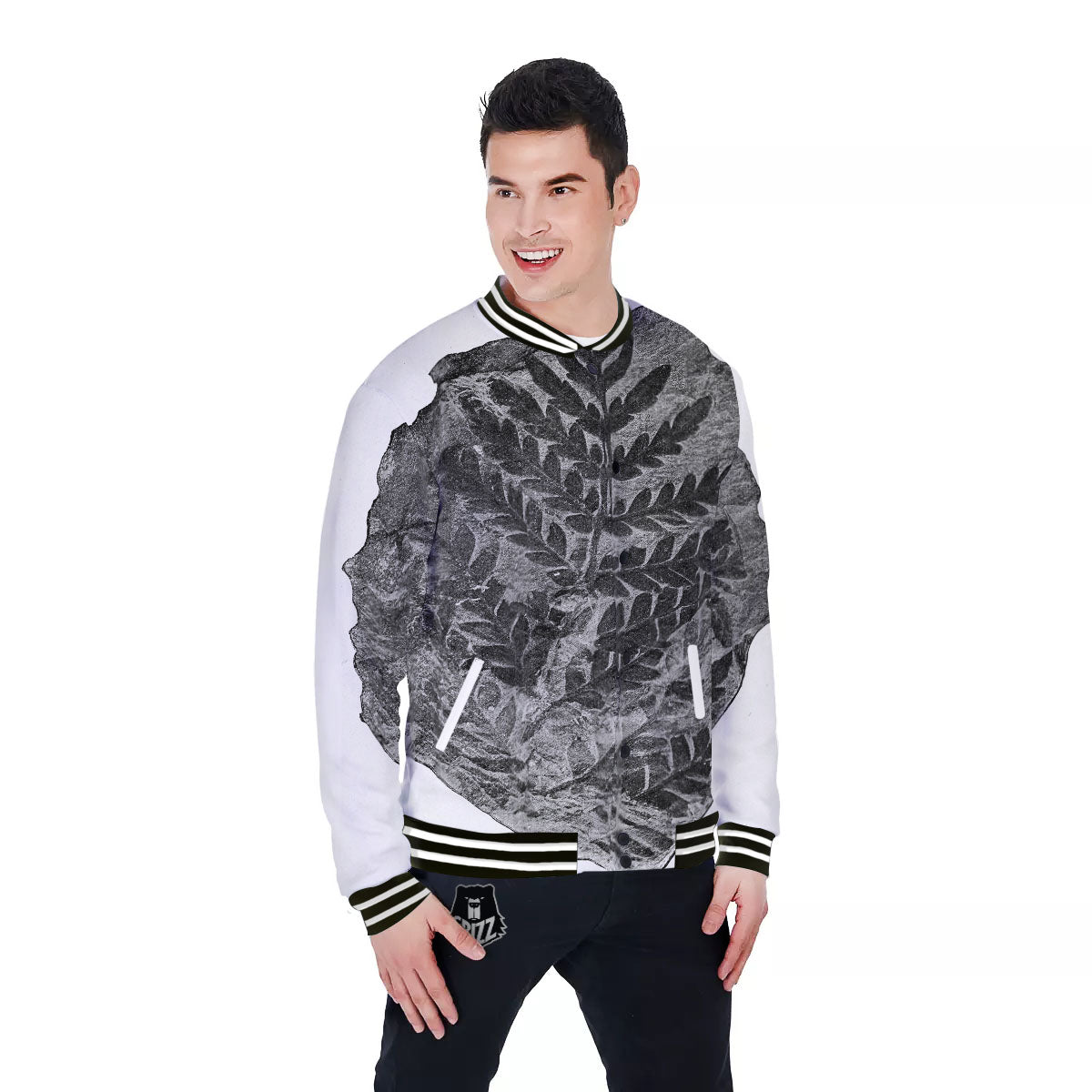 Fossil Fern Print Baseball Jacket-grizzshop