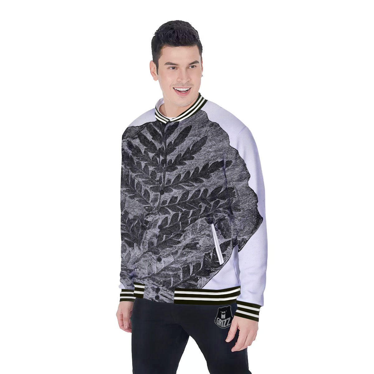Fossil Fern Print Baseball Jacket-grizzshop