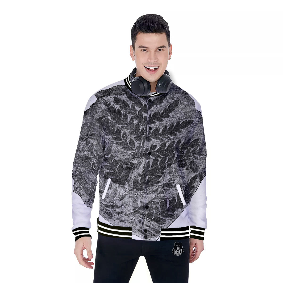 Fossil Fern Print Baseball Jacket-grizzshop
