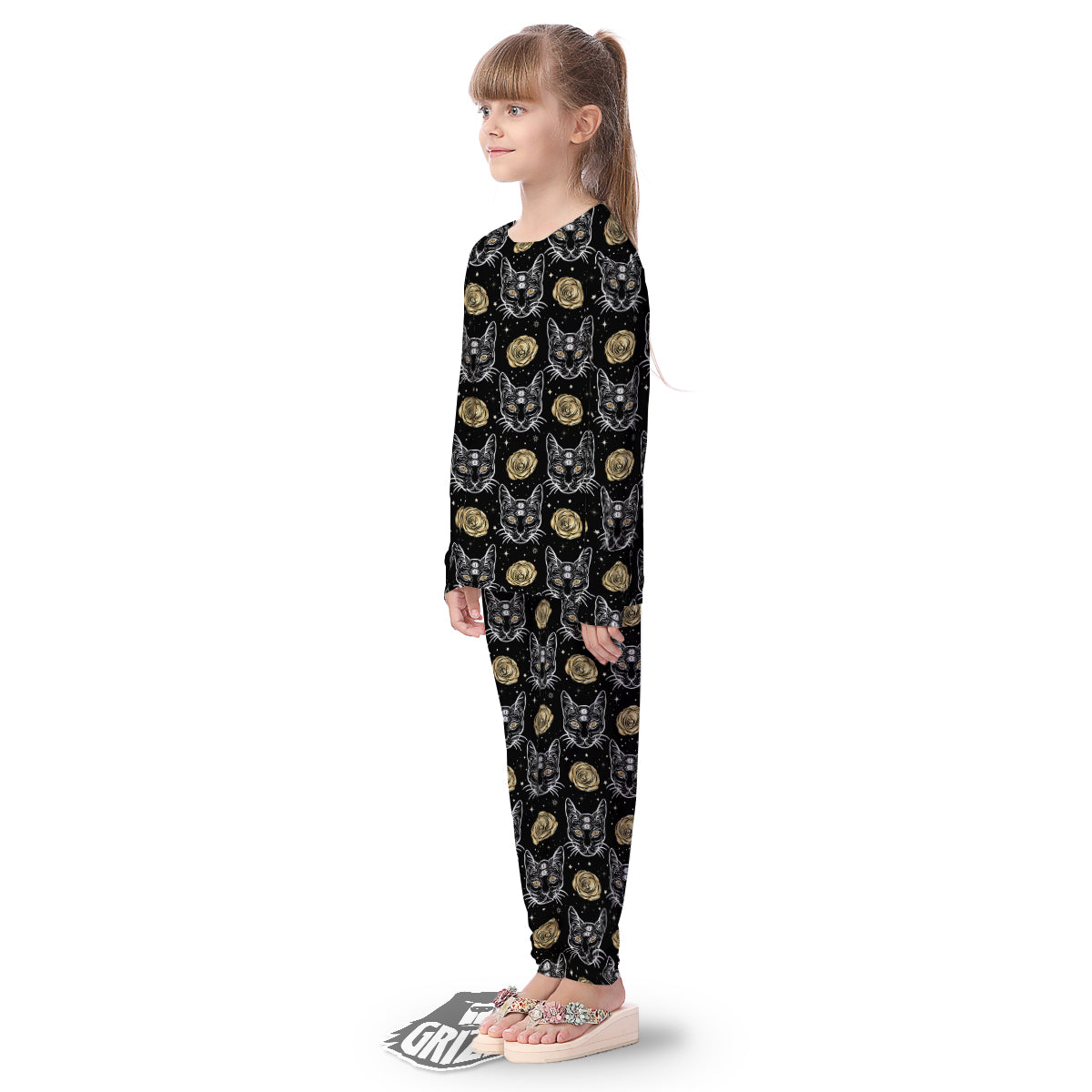 Four Eyed Cat And Roses Gold Print Pattern Kid's Pajamas-grizzshop