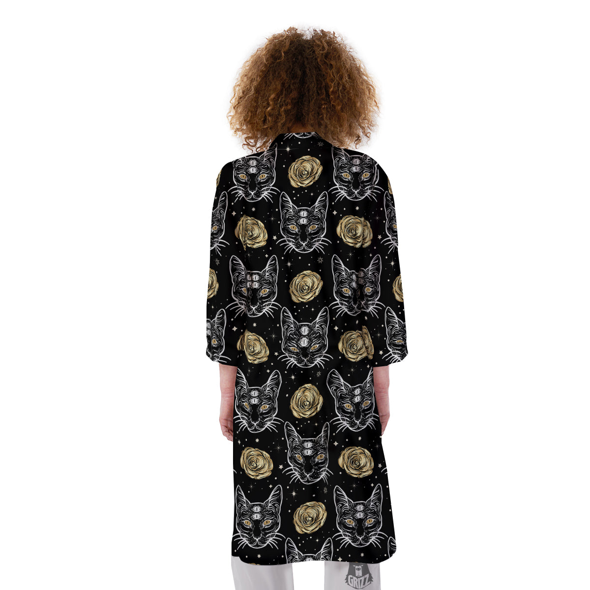 Four Eyed Cat And Roses Gold Print Pattern Kimono-grizzshop
