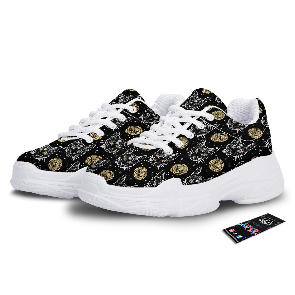 Four Eyed Cat And Roses Gold Print Pattern White Chunky Shoes-grizzshop