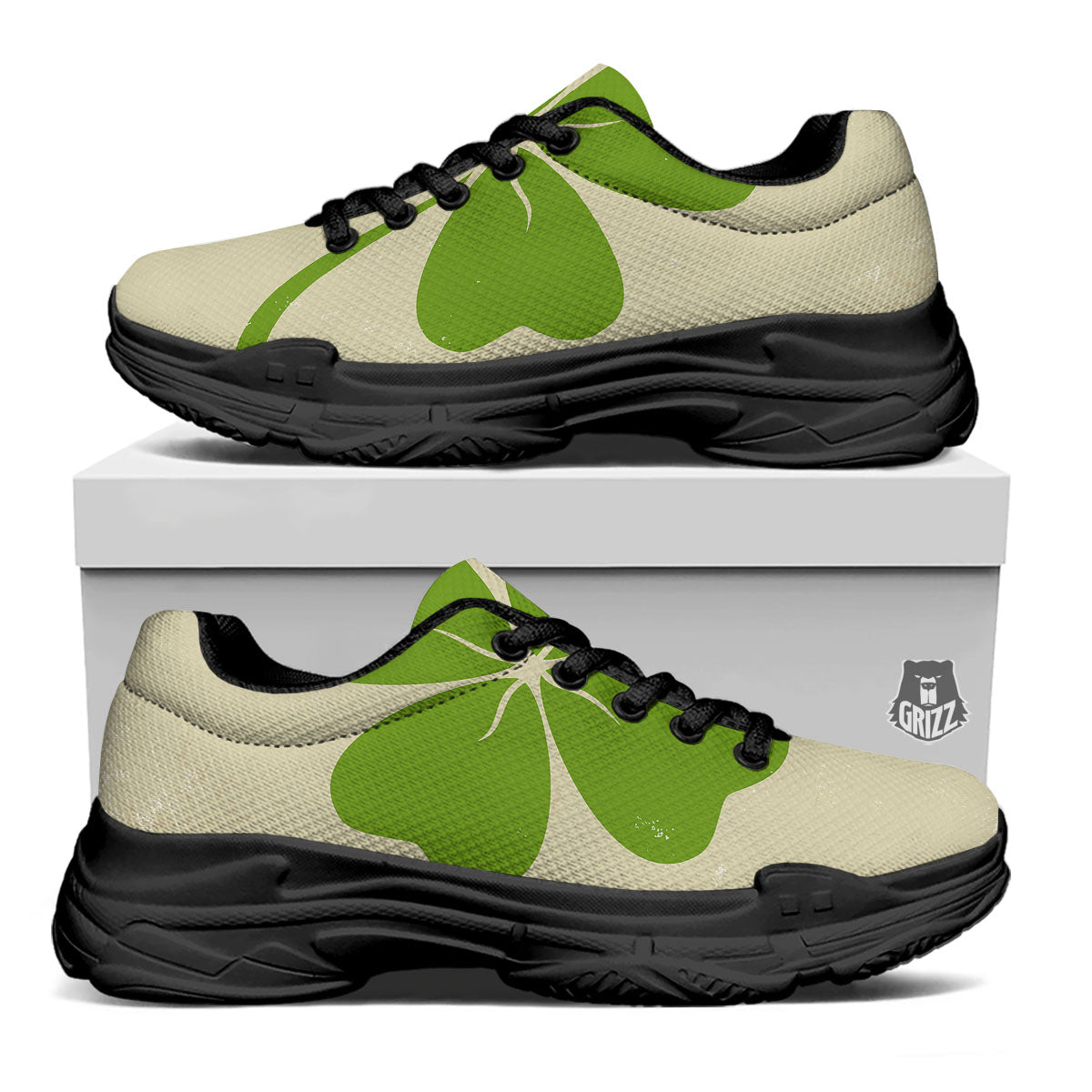 Four Leaf Clovers Irish Print Black Chunky Shoes-grizzshop