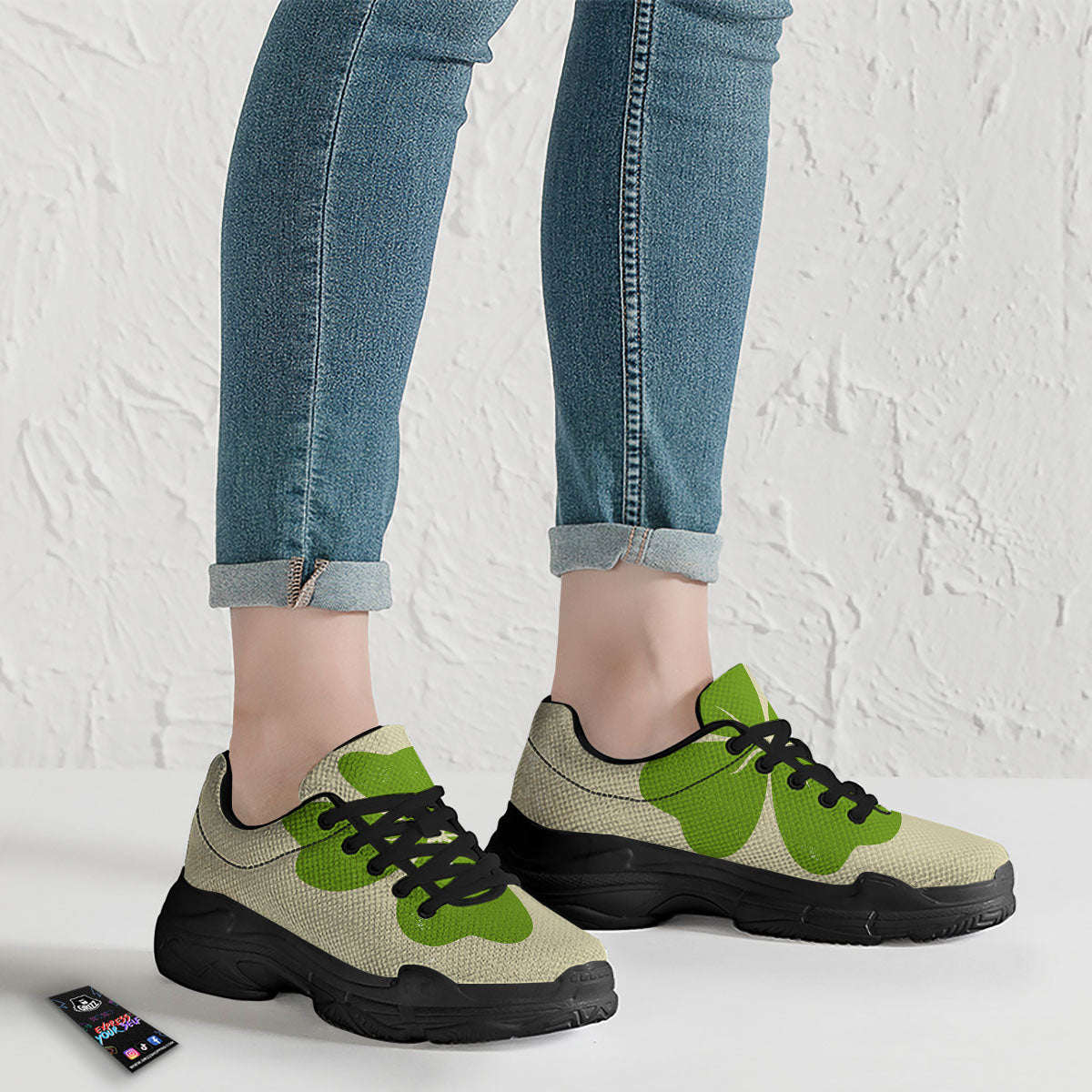 Four Leaf Clovers Irish Print Black Chunky Shoes-grizzshop