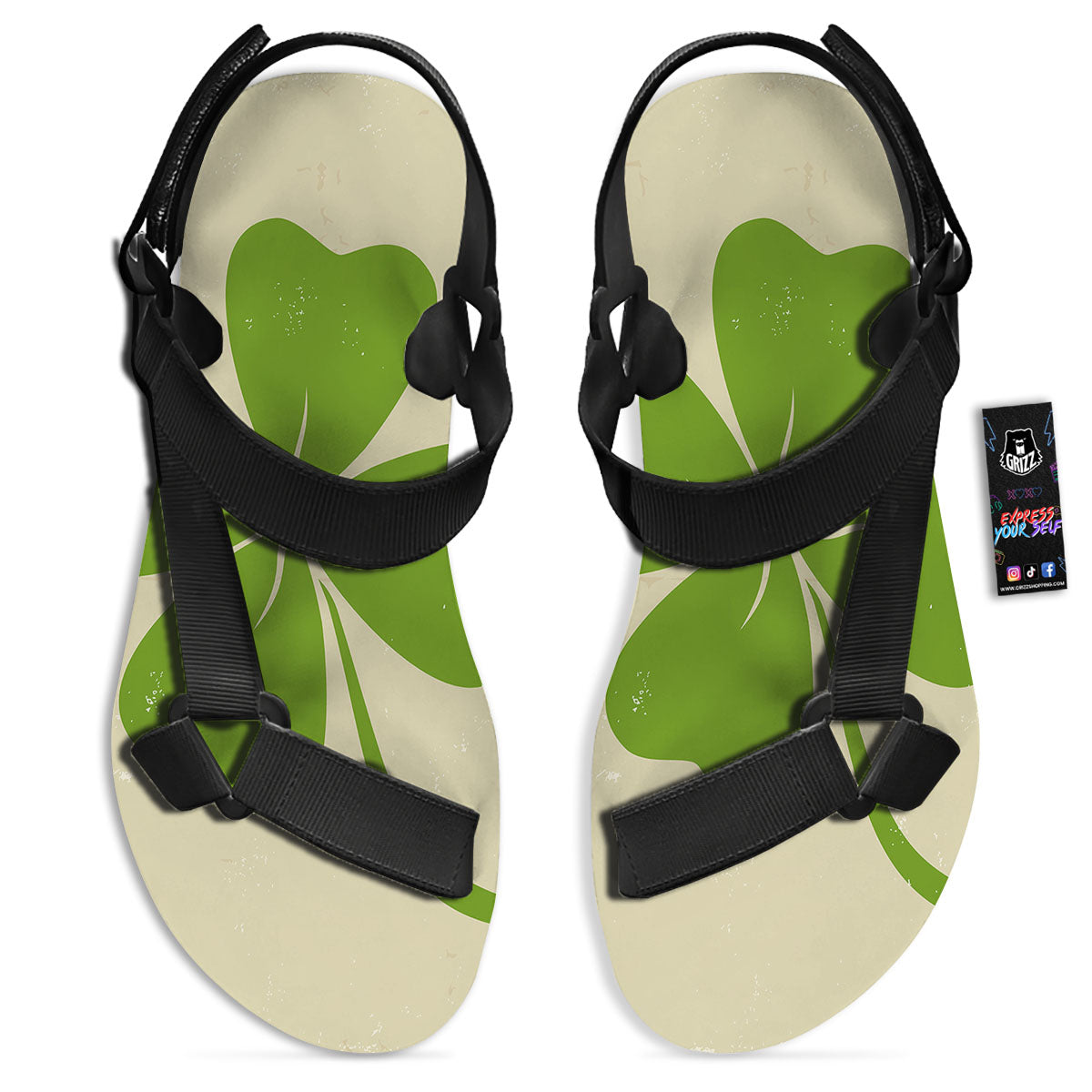 Four Leaf Clovers Irish Print Black Open Toe Sandals-grizzshop