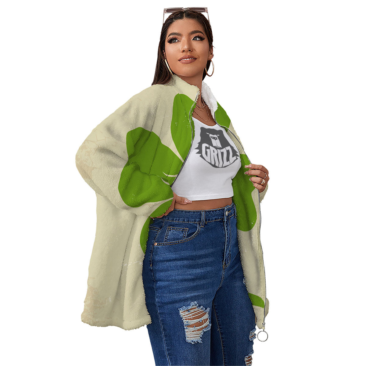 Four Leaf Clovers Irish Print Women's Sherpa Jacket-grizzshop