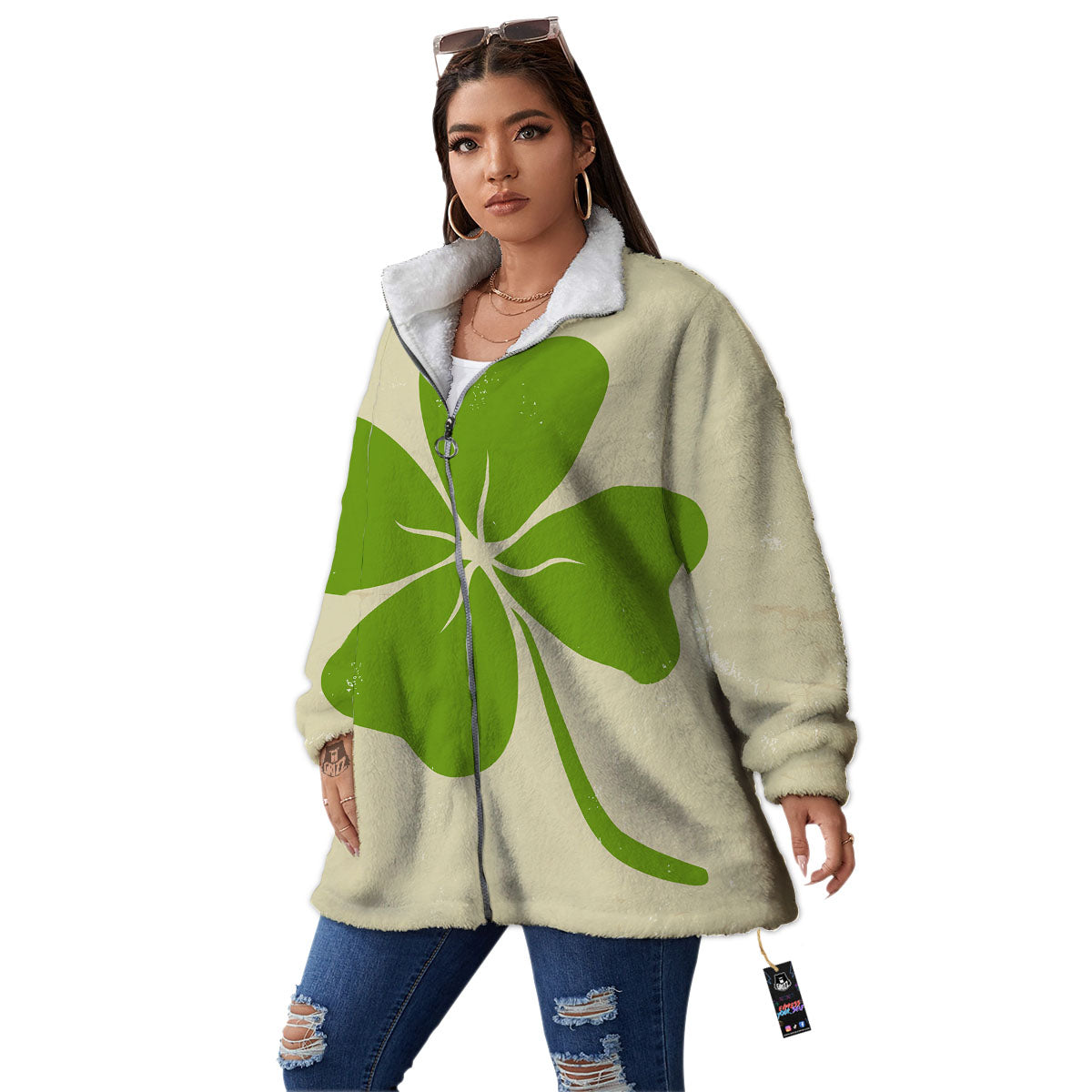 Four Leaf Clovers Irish Print Women's Sherpa Jacket-grizzshop