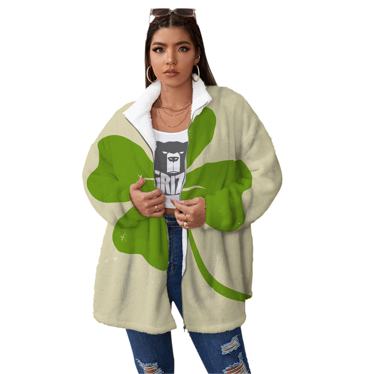 Four Leaf Clovers Irish Print Women's Sherpa Jacket-grizzshop