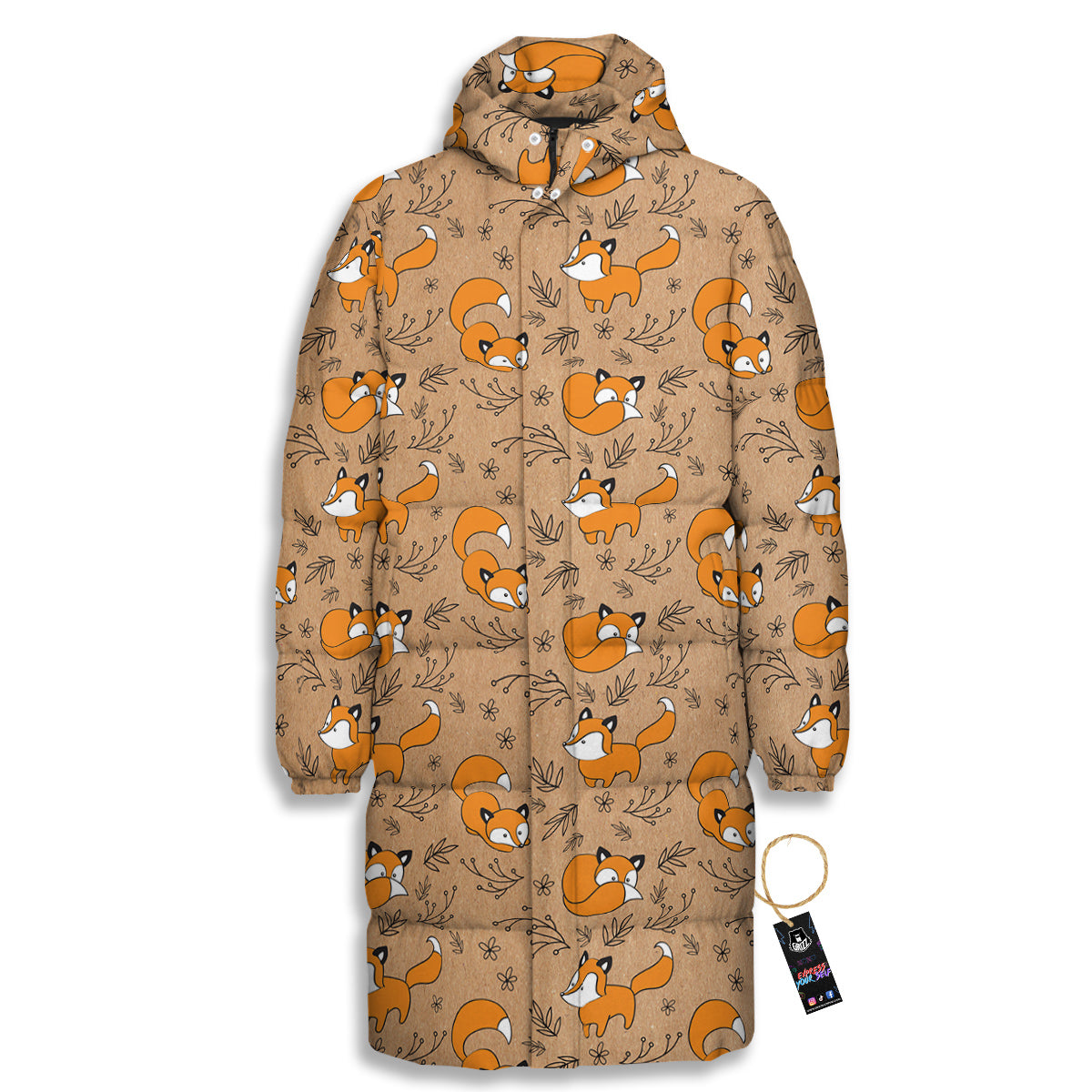 Fox Cartoon Print Pattern Long Down Jacket-grizzshop