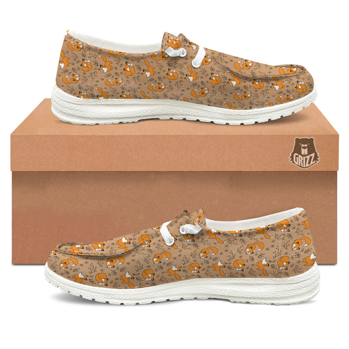 Fox Cartoon Print Pattern White Loafers-grizzshop