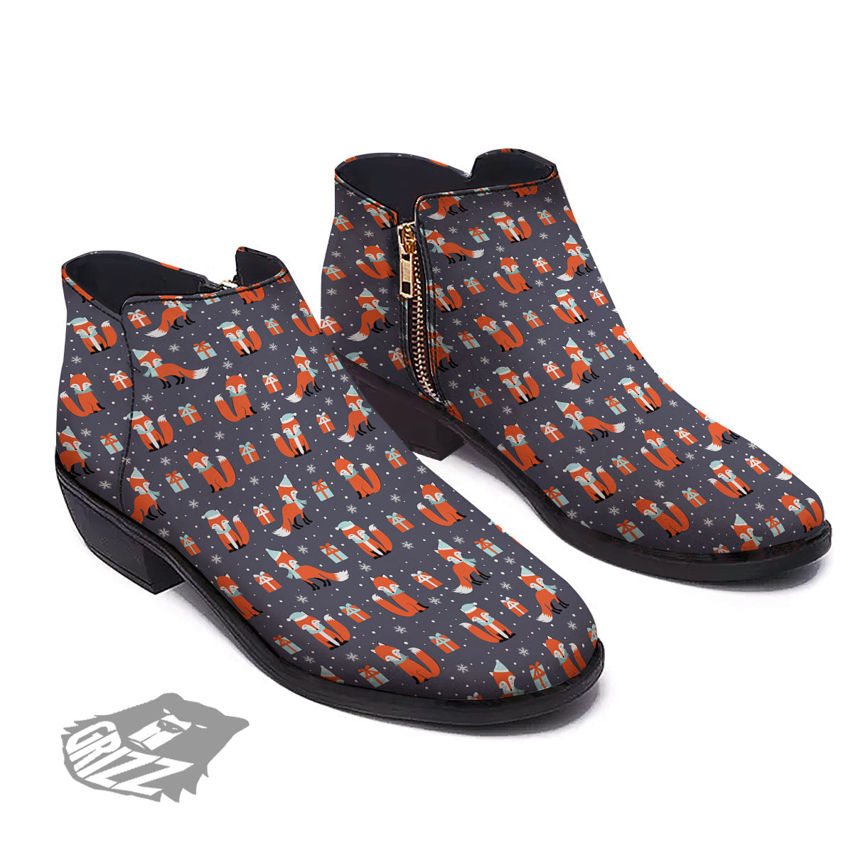 Fox Christmas Print Pattern Ankle Boots-grizzshop