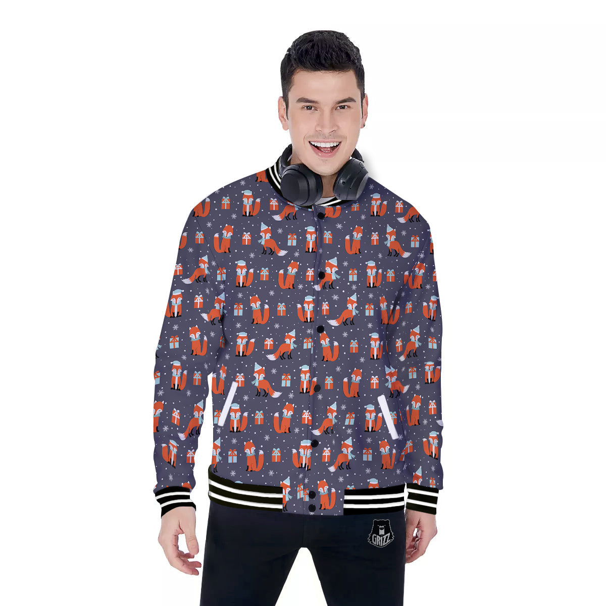 Fox Christmas Print Pattern Baseball Jacket-grizzshop