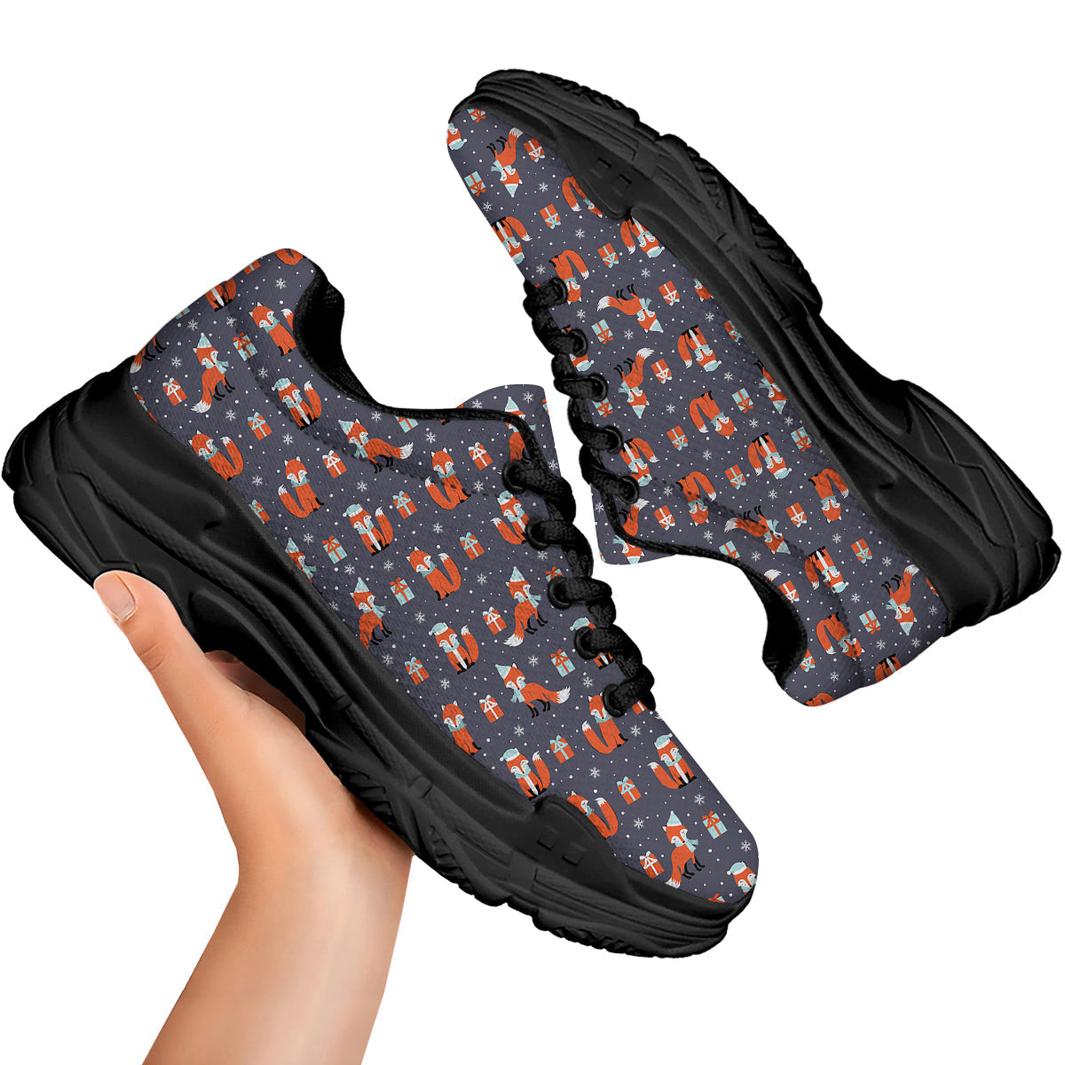 Fox Christmas Print Pattern Black Chunky Shoes-grizzshop