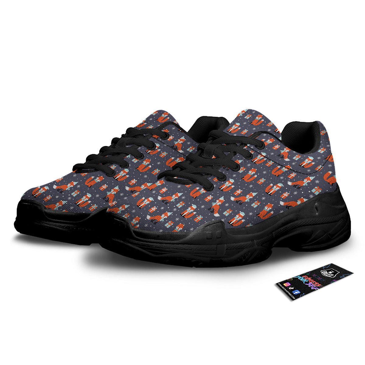 Fox Christmas Print Pattern Black Chunky Shoes-grizzshop