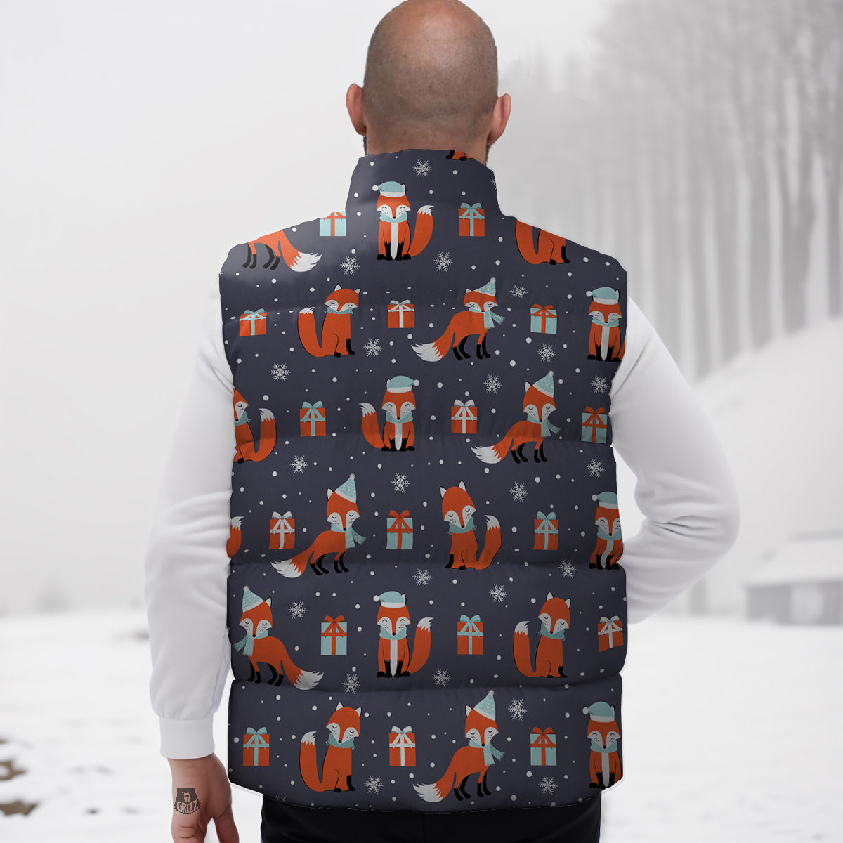Fox Christmas Print Pattern Down Vest-grizzshop