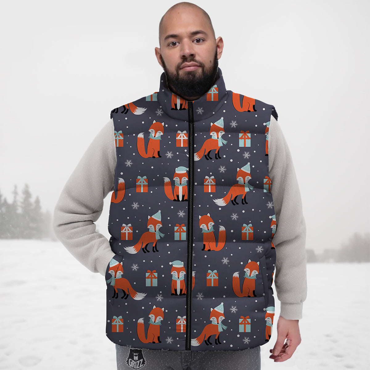 Fox Christmas Print Pattern Down Vest-grizzshop