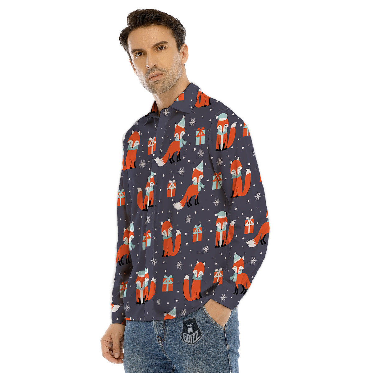 Fox Christmas Print Pattern Men's Dress Shirts-grizzshop
