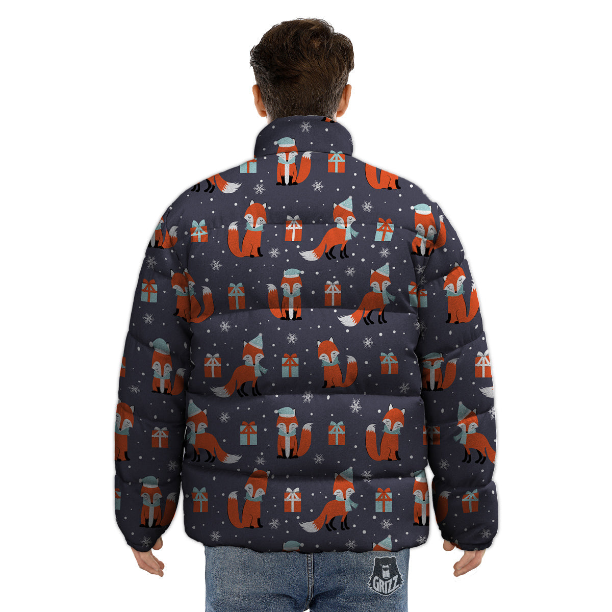 Fox Christmas Print Pattern Puffer Jacket-grizzshop