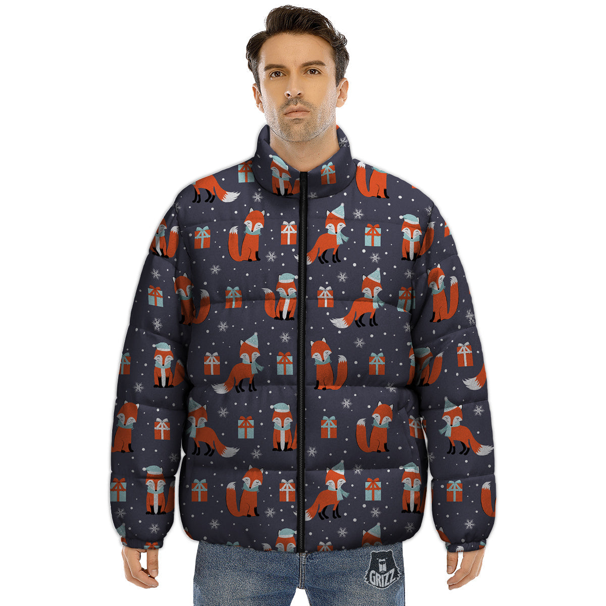 Fox Christmas Print Pattern Puffer Jacket-grizzshop