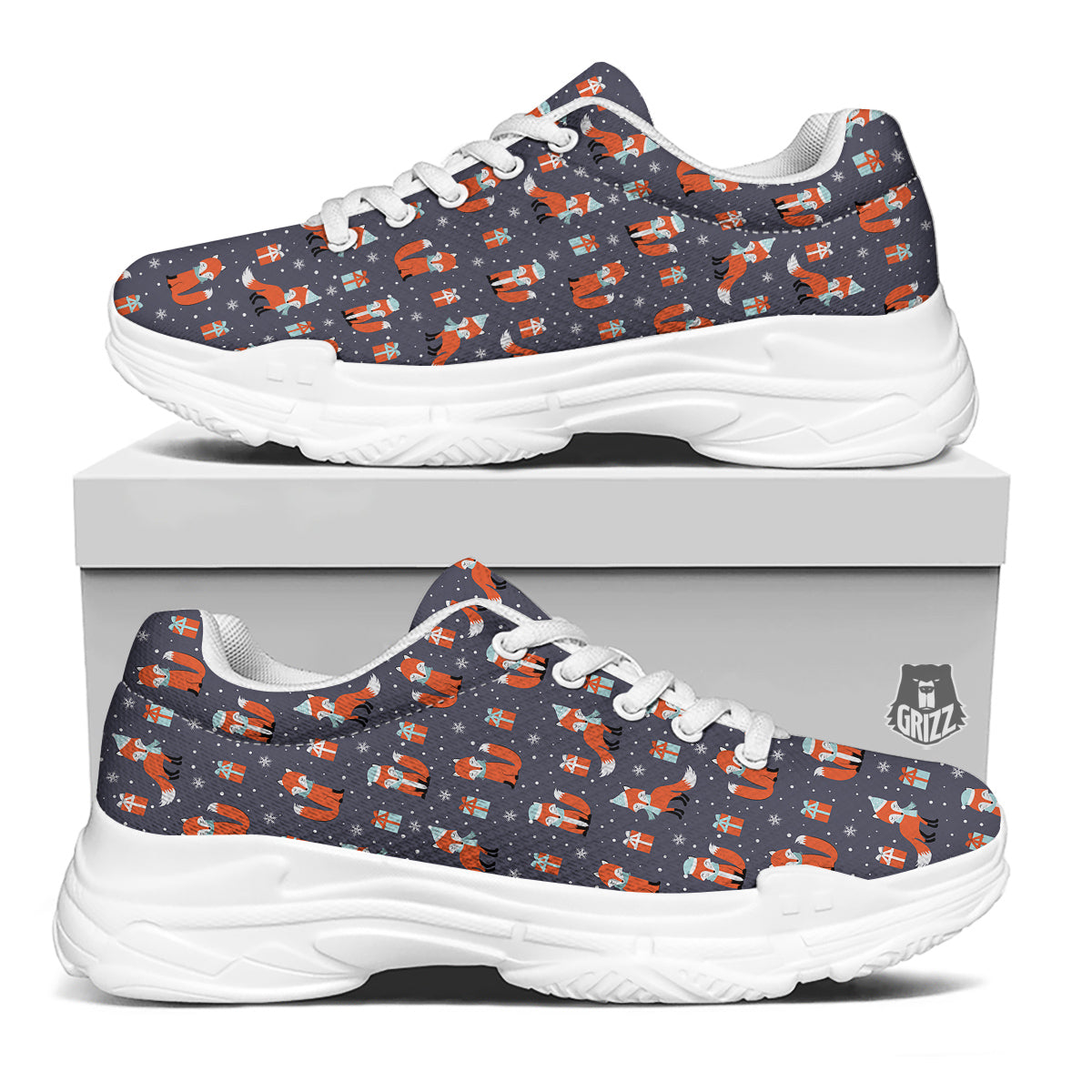 Fox Christmas Print Pattern White Chunky Shoes-grizzshop