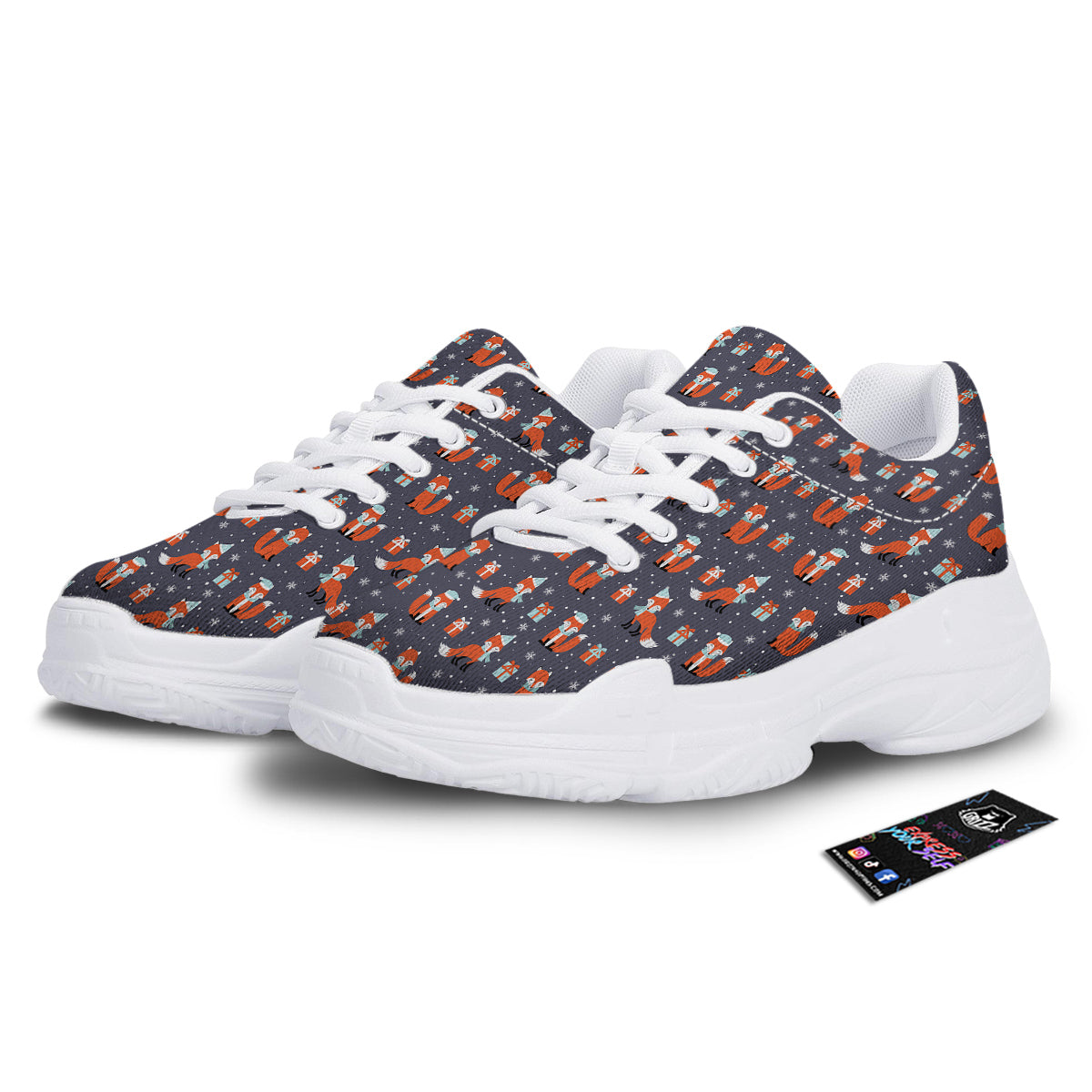 Fox Christmas Print Pattern White Chunky Shoes-grizzshop