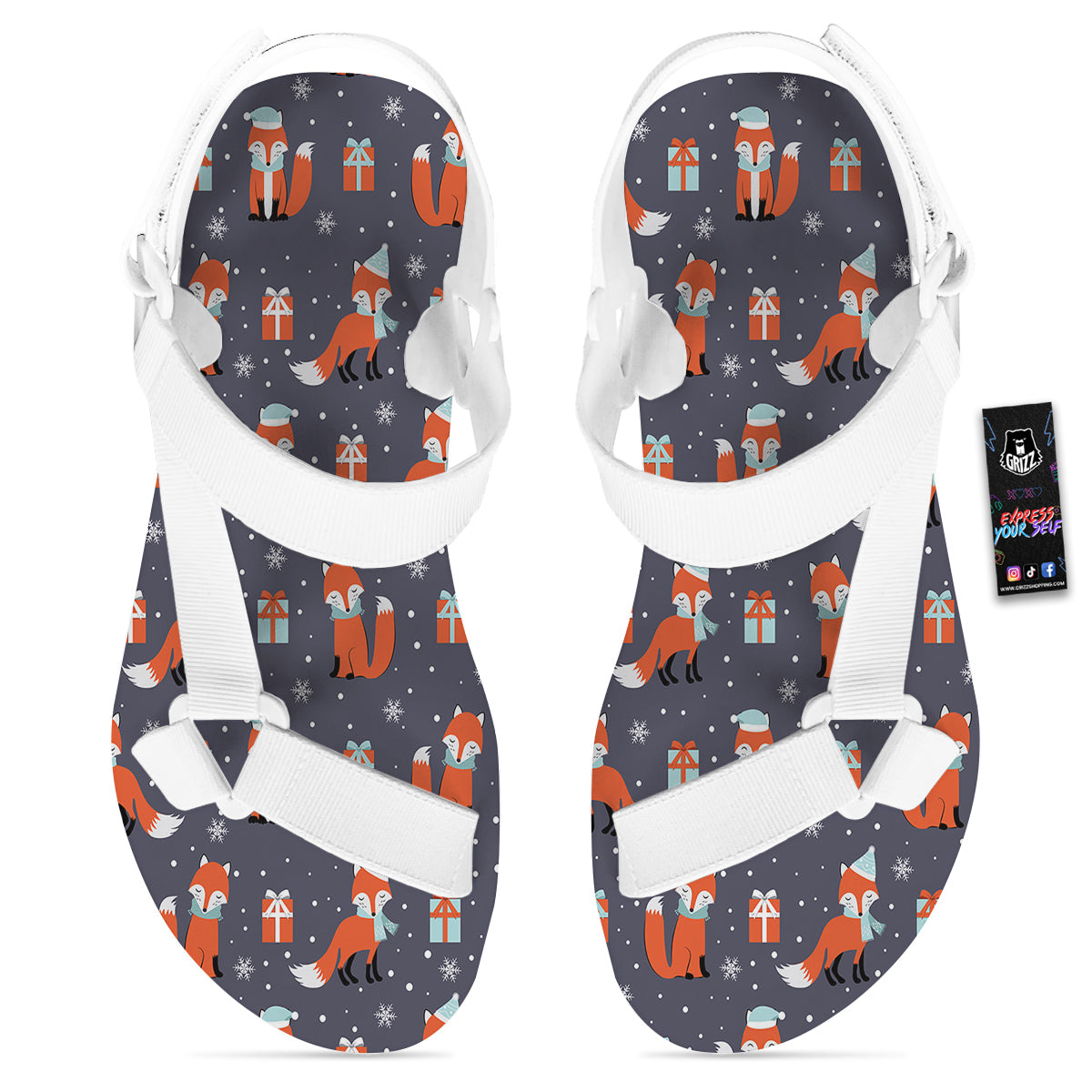 Fox Christmas Print Pattern White Open Toe Sandals-grizzshop