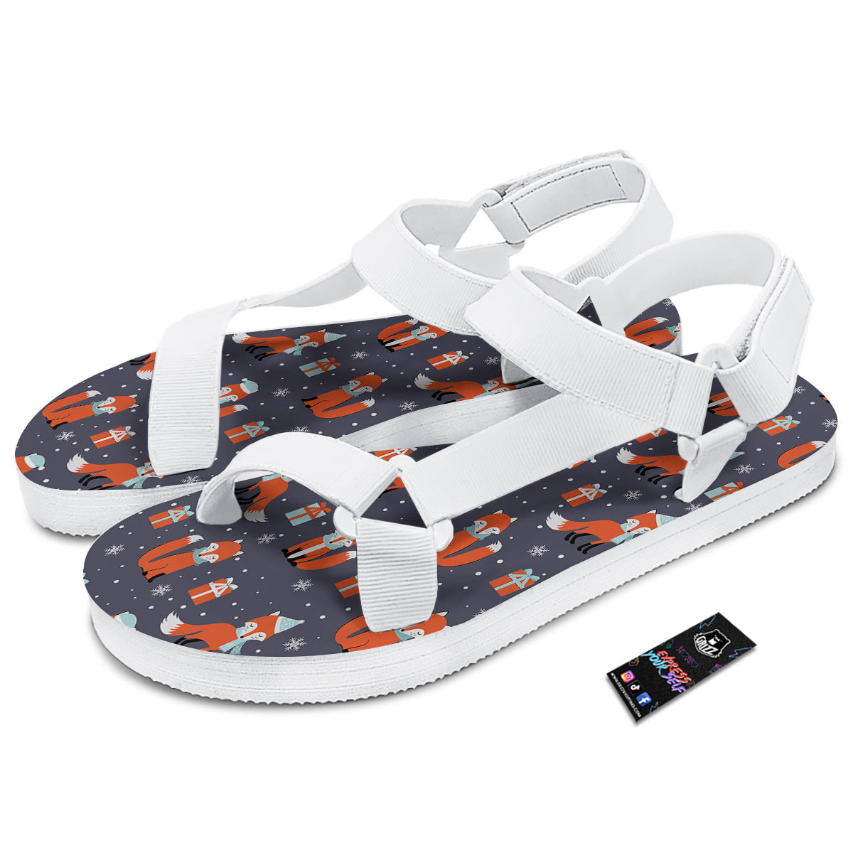 Fox Christmas Print Pattern White Open Toe Sandals-grizzshop