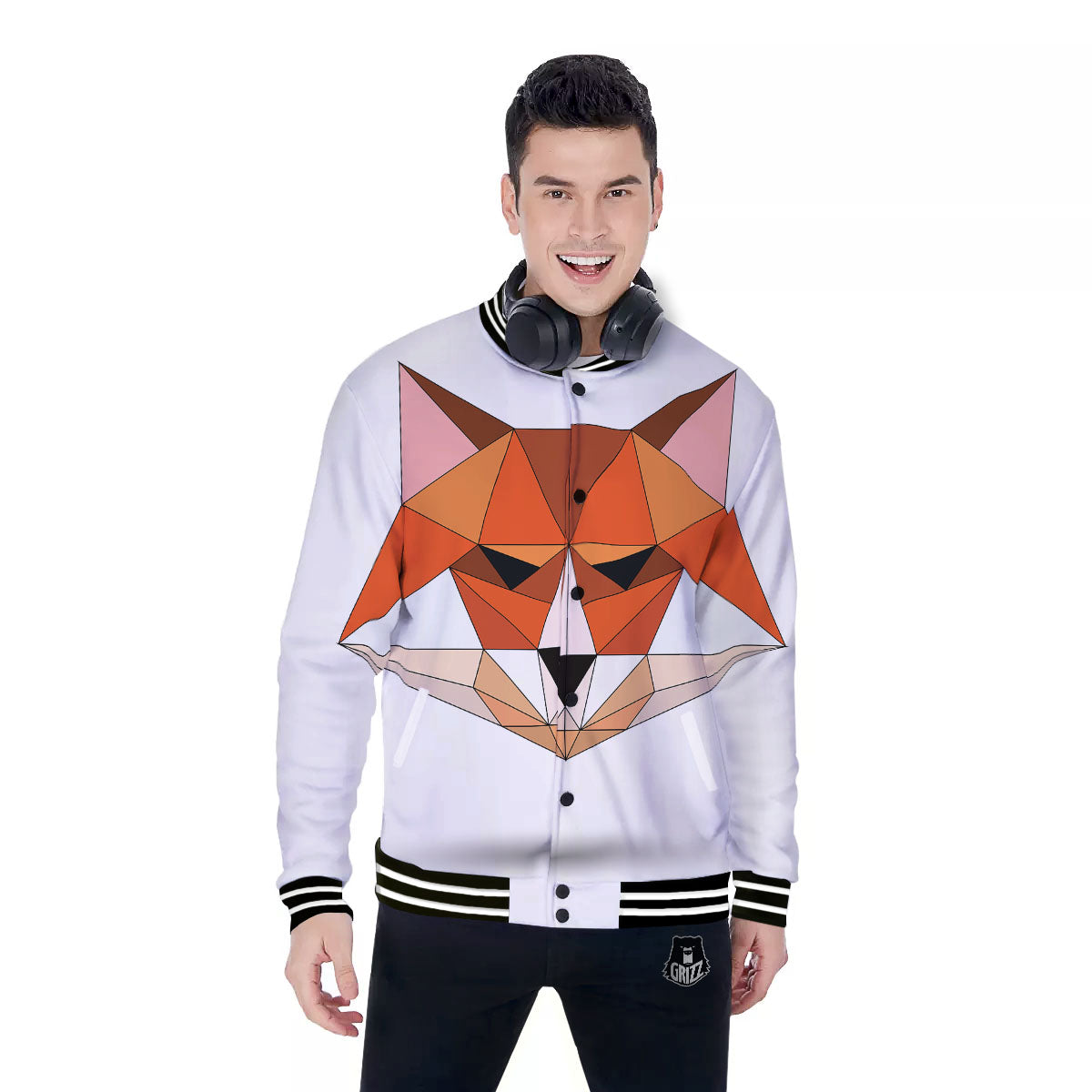 Fox Geometric Print Baseball Jacket-grizzshop