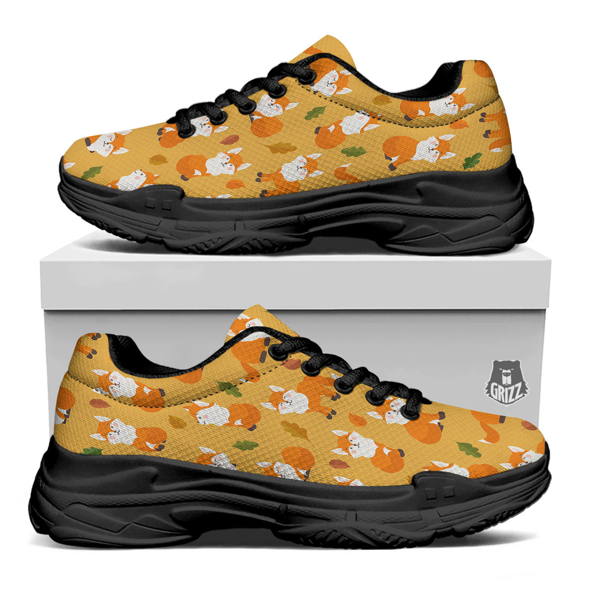 Fox Orange Print Pattern Black Chunky Shoes-grizzshop
