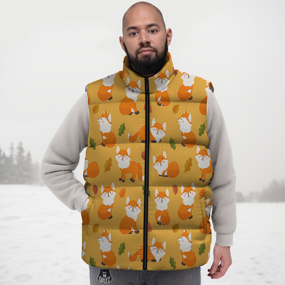 Fox Orange Print Pattern Down Vest-grizzshop