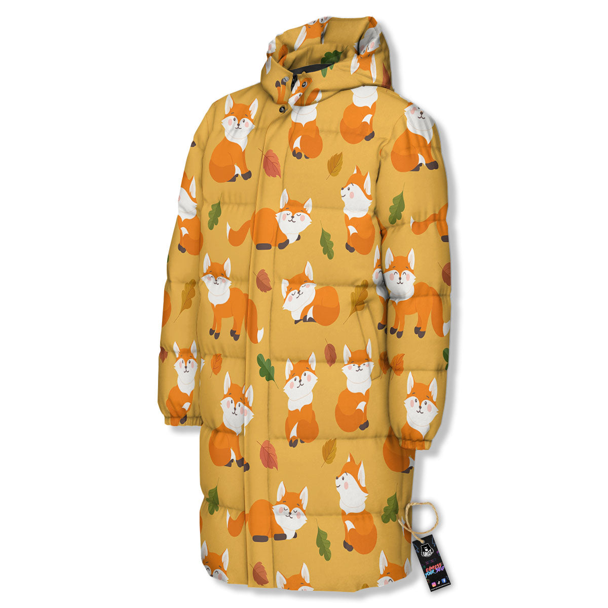 Fox Orange Print Pattern Long Down Jacket-grizzshop