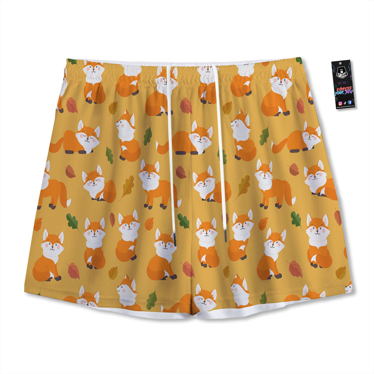 Fox Orange Print Pattern Mesh Shorts
