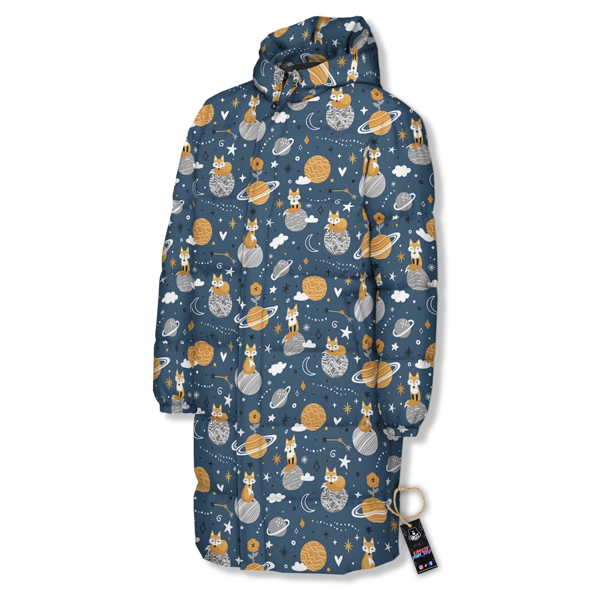 Fox Space Print Pattern Long Down Jacket-grizzshop