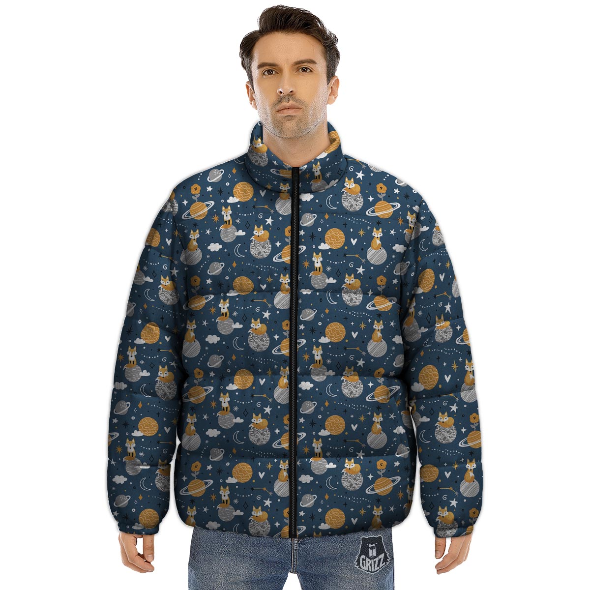 Fox Space Print Pattern Puffer Jacket-grizzshop