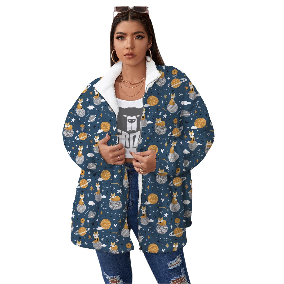 Fox Space Print Pattern Women's Sherpa Jacket-grizzshop