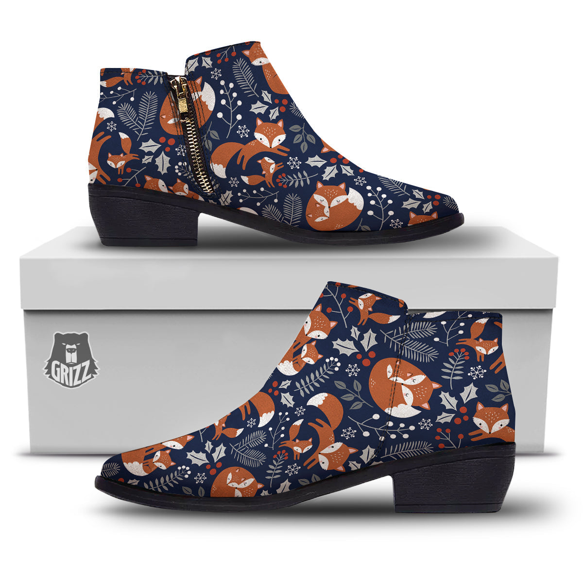 Fox Winter Print Pattern Ankle Boots-grizzshop