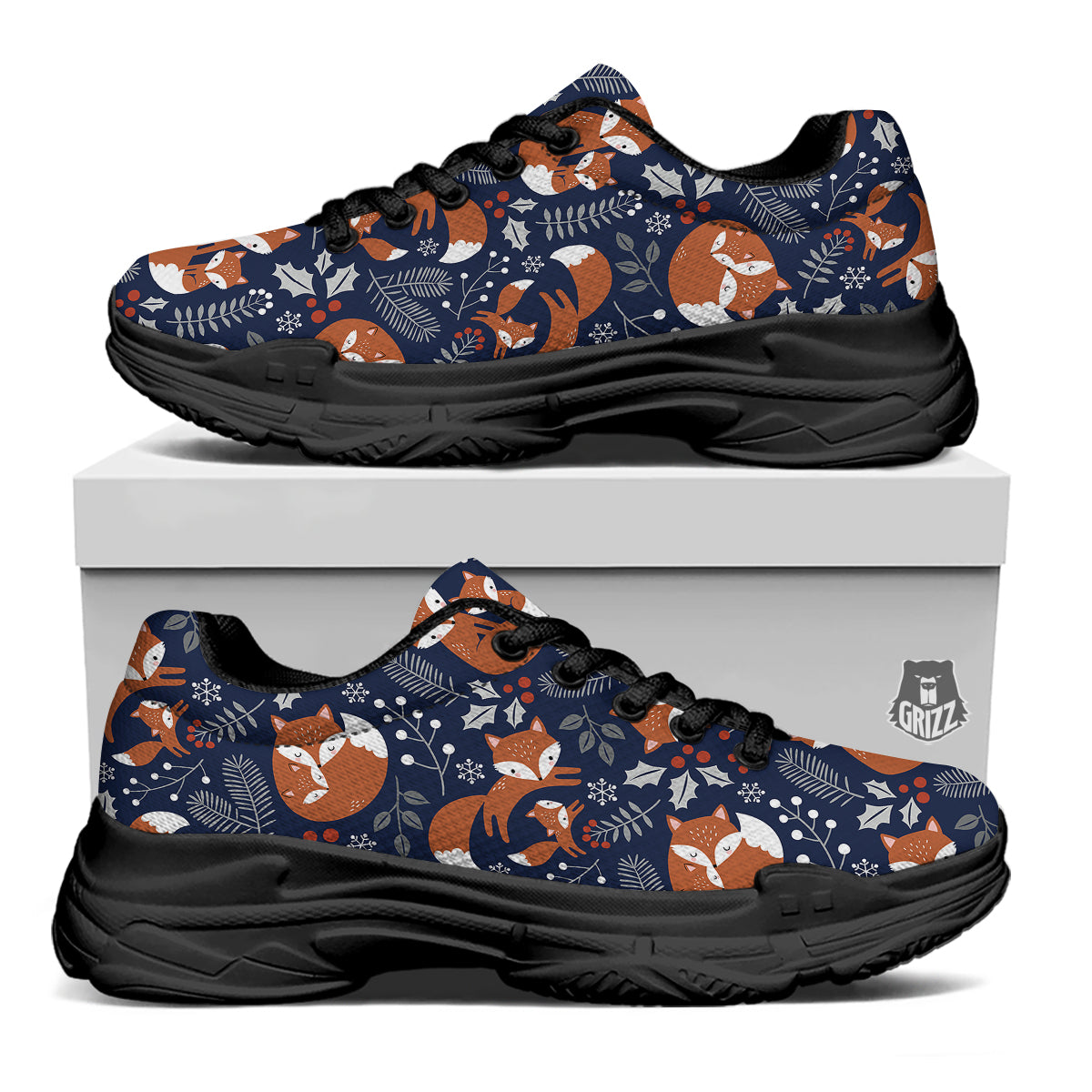Fox Winter Print Pattern Black Chunky Shoes-grizzshop
