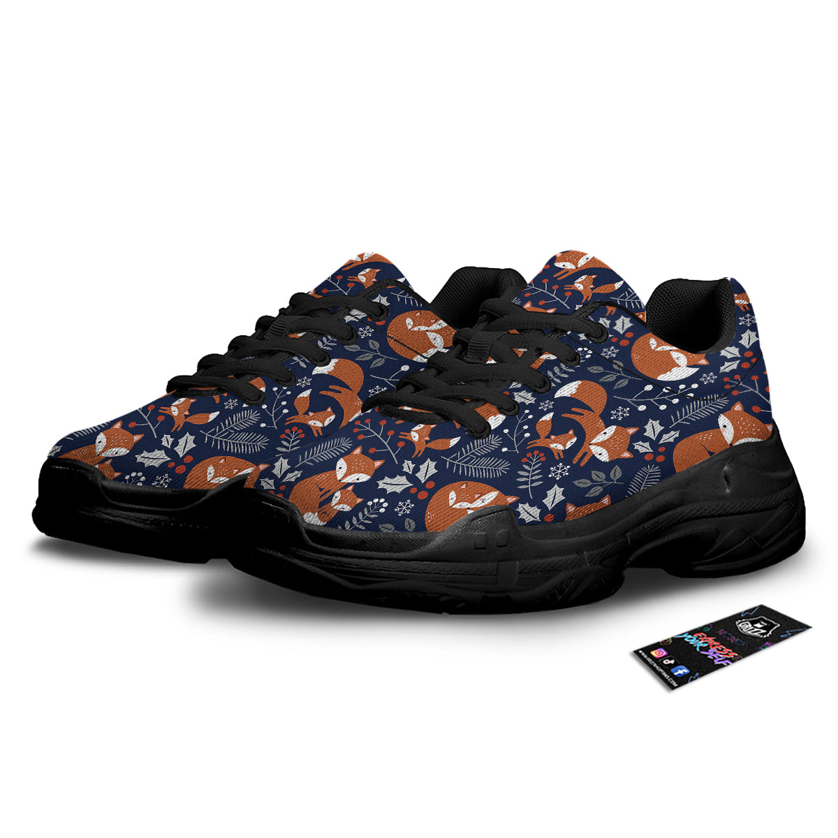 Fox Winter Print Pattern Black Chunky Shoes-grizzshop