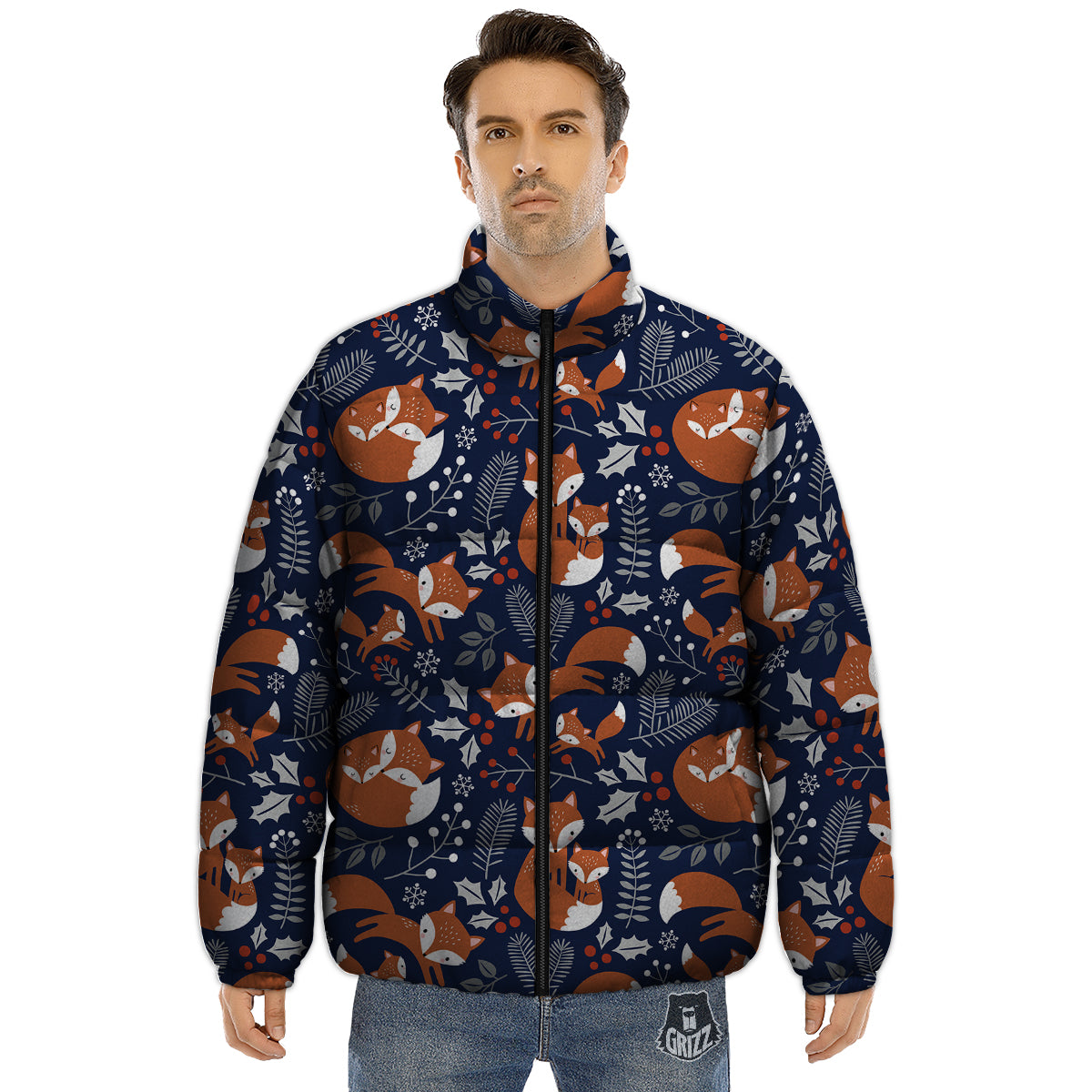Fox Winter Print Pattern Puffer Jacket-grizzshop