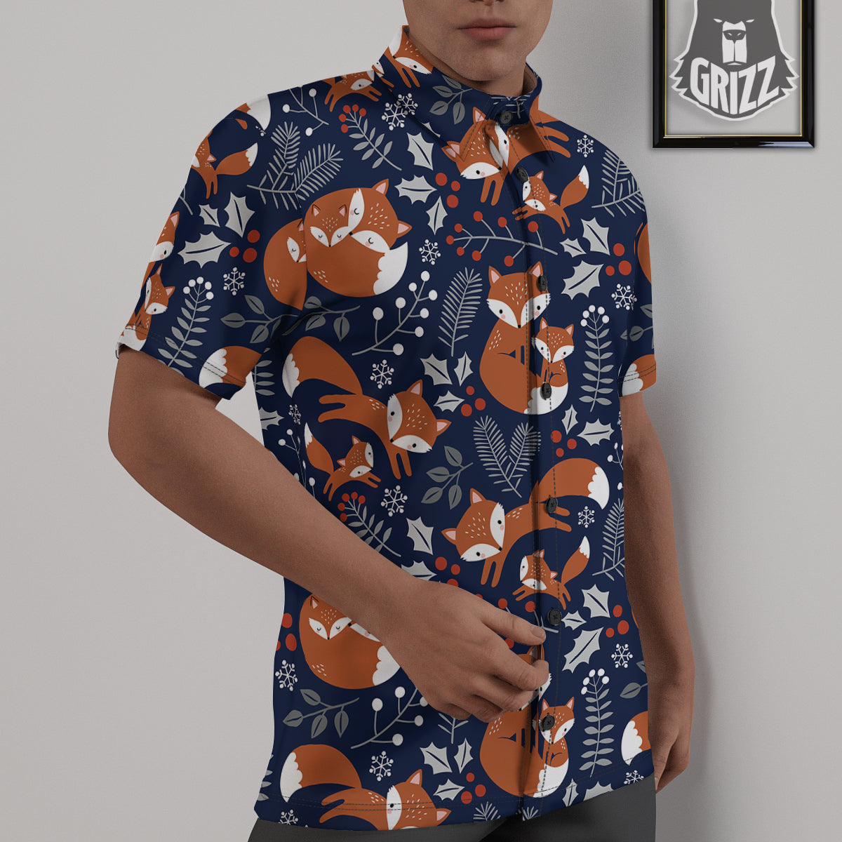 Fox Winter Print Pattern Untucked Shirts-grizzshop