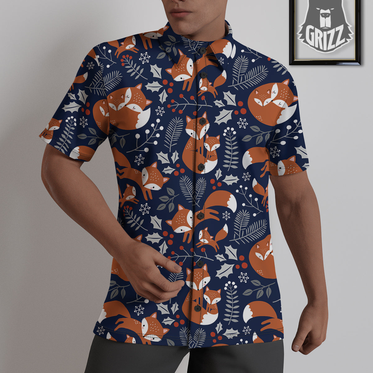 Fox Winter Print Pattern Untucked Shirts-grizzshop